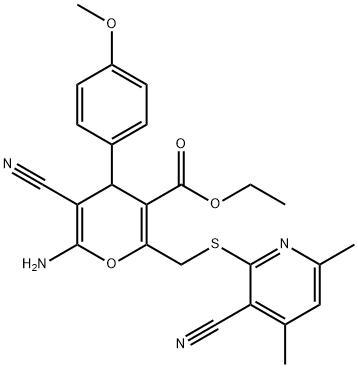 ethyl 6-amino-5-cyano-2-{[(3-cyano-4,6-dimethylpyridin-2-yl)sulfanyl]methyl}-4-(4-methoxyphenyl)-4H-pyran-3-carboxylate Struktur