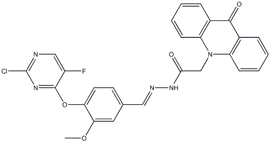 N'-{4-[(2-chloro-5-fluoro-4-pyrimidinyl)oxy]-3-methoxybenzylidene}-2-(9-oxo-10(9H)-acridinyl)acetohydrazide Struktur