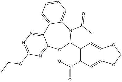 7-acetyl-3-(ethylsulfanyl)-6-{6-nitro-1,3-benzodioxol-5-yl}-6,7-dihydro[1,2,4]triazino[5,6-d][3,1]benzoxazepine Struktur