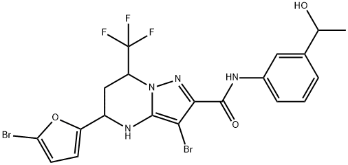 3-bromo-5-(5-bromo-2-furyl)-N-[3-(1-hydroxyethyl)phenyl]-7-(trifluoromethyl)-4,5,6,7-tetrahydropyrazolo[1,5-a]pyrimidine-2-carboxamide Struktur