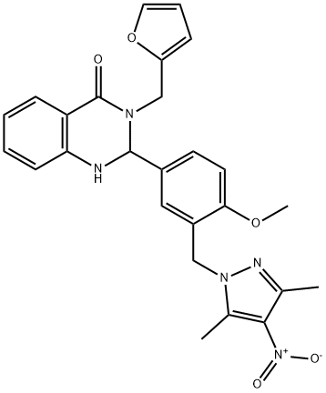 3-(furan-2-ylmethyl)-2-[3-({4-nitro-3,5-dimethyl-1H-pyrazol-1-yl}methyl)-4-(methyloxy)phenyl]-2,3-dihydroquinazolin-4(1H)-one Struktur