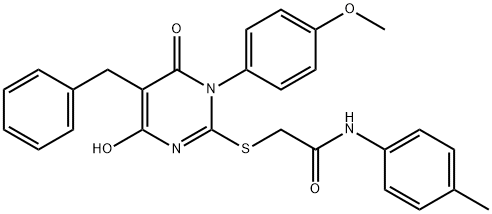 2-{[5-benzyl-4-hydroxy-1-(4-methoxyphenyl)-6-oxo-1,6-dihydropyrimidin-2-yl]sulfanyl}-N-(4-methylphenyl)acetamide Struktur