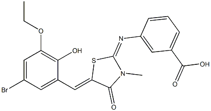 3-{[5-(5-bromo-3-ethoxy-2-hydroxybenzylidene)-3-methyl-4-oxo-1,3-thiazolidin-2-ylidene]amino}benzoic acid Struktur