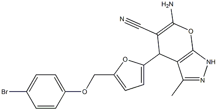 6-amino-4-{5-[(4-bromophenoxy)methyl]-2-furyl}-3-methyl-1,4-dihydropyrano[2,3-c]pyrazole-5-carbonitrile Struktur