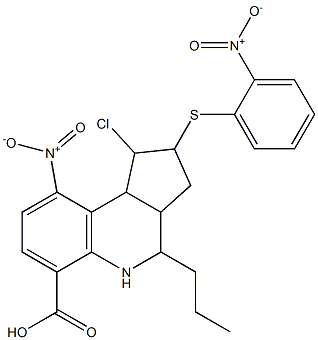 1-chloro-9-nitro-2-({2-nitrophenyl}sulfanyl)-4-propyl-2,3,3a,4,5,9b-hexahydro-1H-cyclopenta[c]quinoline-6-carboxylic acid Struktur