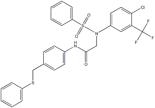 2-[4-chloro(phenylsulfonyl)-3-(trifluoromethyl)anilino]-N-{4-[(phenylsulfanyl)methyl]phenyl}acetamide Struktur