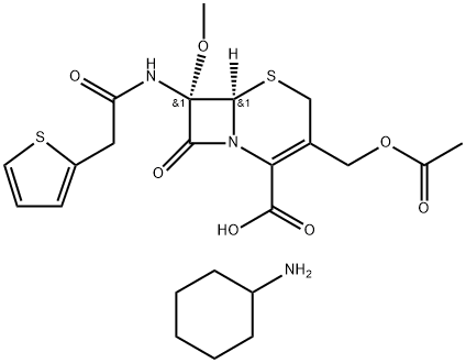 cyclohexanaminium (6R,7S)-3-(acetoxymethyl)-7-methoxy-8-oxo-7-[2-(2-thienyl)acetamido]-5-thia-1-azabicyclo[4.2.0]oct-2-ene-2-carboxylate Struktur