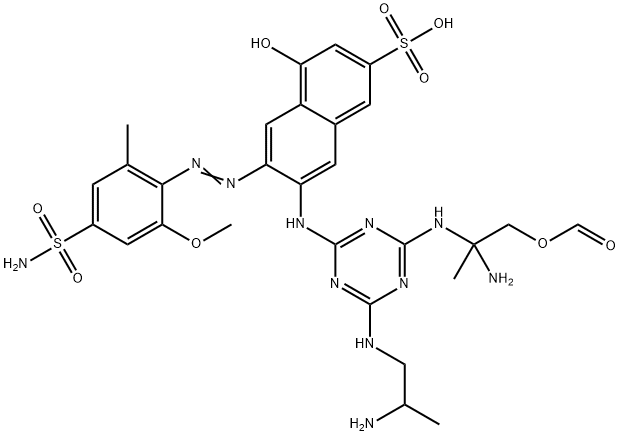 2-{4-(2-ammoniopropylamino)-6-[4-hydroxy-3-(5-methyl-2-methoxy-4-sulfamoylphenylazo)-2-sulfonatonaphth-7-ylamino]-1,3,5-triazin-2-ylamino}-2-aminopropyl formate Struktur