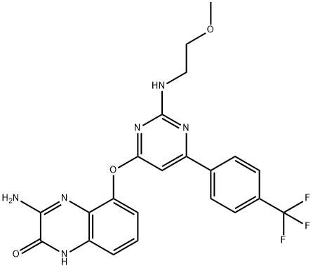 3-Amino-5-[[2-[(2-methoxyethyl)amino]-6-[4-(trifluoromethyl)phenyl]-4-pyrimidinyl]oxy]-2(1H)-quinoxalinone Struktur