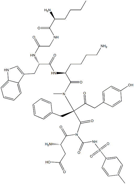 4-hydroxyphenylacetyl-norleucyl-glycyl-tryptophyl-lysyl((((4-methylphenyl)sulfonyl)amino)carbonyl)-aspartyl-N-methylphenylalaninamide Struktur