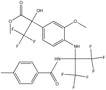 methyl 3,3,3-trifluoro-2-hydroxy-2-(3-methoxy-4-{[2,2,2-trifluoro-1-[(4-methylbenzoyl)amino]-1-(trifluoromethyl)ethyl]amino}phenyl)propanoate Struktur