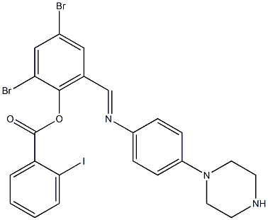 2,4-dibromo-6-({[4-(1-piperazinyl)phenyl]imino}methyl)phenyl 2-iodobenzoate Struktur