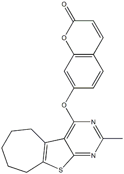 7-[(2-methyl-6,7,8,9-tetrahydro-5H-cyclohepta[4,5]thieno[2,3-d]pyrimidin-4-yl)oxy]-2H-chromen-2-one Struktur