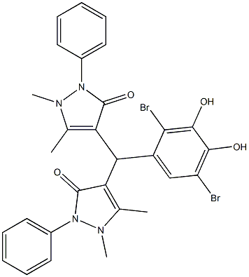 4-[(2,5-dibromo-3,4-dihydroxyphenyl)(1,5-dimethyl-3-oxo-2-phenyl-2,3-dihydro-1H-pyrazol-4-yl)methyl]-1,5-dimethyl-2-phenyl-1,2-dihydro-3H-pyrazol-3-one Struktur