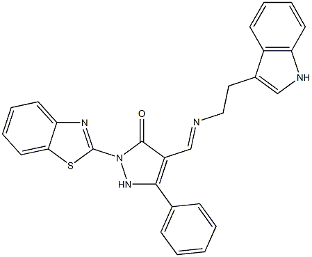 2-(1,3-benzothiazol-2-yl)-4-({[2-(1H-indol-3-yl)ethyl]imino}methyl)-5-phenyl-1,2-dihydro-3H-pyrazol-3-one Struktur