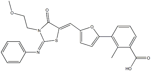 3-(5-{[3-(2-methoxyethyl)-4-oxo-2-(phenylimino)-1,3-thiazolidin-5-ylidene]methyl}-2-furyl)-2-methylbenzoic acid Struktur