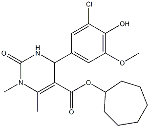 cycloheptyl 4-(3-chloro-4-hydroxy-5-methoxyphenyl)-1,6-dimethyl-2-oxo-1,2,3,4-tetrahydro-5-pyrimidinecarboxylate Struktur