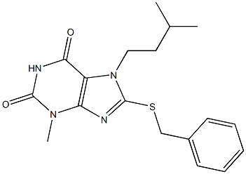 3-methyl-7-(3-methylbutyl)-8-[(phenylmethyl)sulfanyl]-3,7-dihydro-1H-purine-2,6-dione Struktur