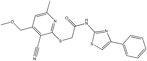 2-{[3-cyano-4-(methoxymethyl)-6-methyl-2-pyridinyl]thio}-N-(4-phenyl-1,3-thiazol-2-yl)acetamide Struktur