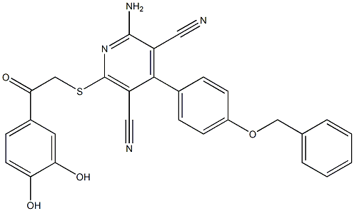 2-amino-4-[4-(benzyloxy)phenyl]-6-{[2-(3,4-dihydroxyphenyl)-2-oxoethyl]sulfanyl}-3,5-pyridinedicarbonitrile Struktur