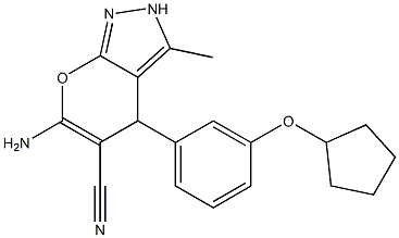 6-amino-4-[3-(cyclopentyloxy)phenyl]-3-methyl-2,4-dihydropyrano[2,3-c]pyrazole-5-carbonitrile Struktur