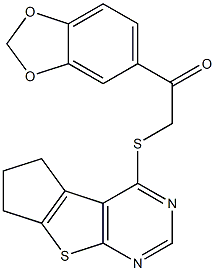 1-(1,3-benzodioxol-5-yl)-2-(6,7-dihydro-5H-cyclopenta[4,5]thieno[2,3-d]pyrimidin-4-ylsulfanyl)ethanone Struktur