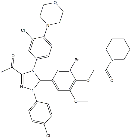 1-[5-{3-bromo-5-methoxy-4-[2-oxo-2-(1-piperidinyl)ethoxy]phenyl}-4-[3-chloro-4-(4-morpholinyl)phenyl]-1-(4-chlorophenyl)-4,5-dihydro-1H-1,2,4-triazol-3-yl]ethanone Struktur