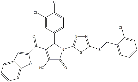 4-(1-benzofuran-2-ylcarbonyl)-1-{5-[(2-chlorobenzyl)sulfanyl]-1,3,4-thiadiazol-2-yl}-5-(3,4-dichlorophenyl)-3-hydroxy-1,5-dihydro-2H-pyrrol-2-one Struktur