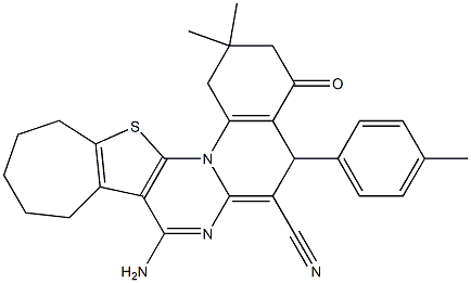 8-amino-2,2-dimethyl-5-(4-methylphenyl)-4-oxo-1,3,4,5,10,11,12,13-octahydro-2H,9H-cyclohepta[4',5']thieno[3',2':5,6]pyrimido[1,2-a]quinoline-6-carbonitrile Struktur