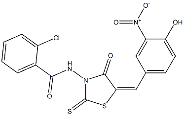 2-chloro-N-(5-{4-hydroxy-3-nitrobenzylidene}-4-oxo-2-thioxo-1,3-thiazolidin-3-yl)benzamide Struktur