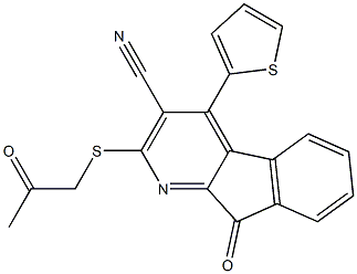 9-oxo-2-[(2-oxopropyl)sulfanyl]-4-(2-thienyl)-9H-indeno[2,1-b]pyridine-3-carbonitrile Struktur