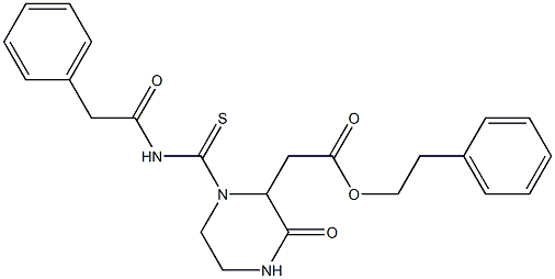 phenethyl 2-(3-oxo-1-{[(2-phenylacetyl)amino]carbothioyl}-2-piperazinyl)acetate Struktur