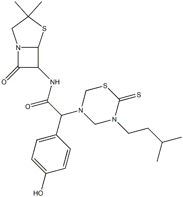 7-Oxo-3,3-dimethyl-6-[[[(tetrahydro-2-thioxo-3-(3-methylbutyl)-2H-1,3,5-thiadiazin)-5-yl](4-hydroxyphenyl)acetyl]amino]-4-thia-1-azabicyclo[3.2.0]heptane Struktur