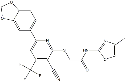 2-{[6-(1,3-benzodioxol-5-yl)-3-cyano-4-(trifluoromethyl)-2-pyridinyl]sulfanyl}-N-(4-methyl-1,3-oxazol-2-yl)acetamide Struktur