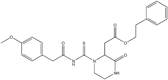 phenethyl 2-[1-({[2-(4-methoxyphenyl)acetyl]amino}carbothioyl)-3-oxo-2-piperazinyl]acetate Struktur