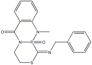 [9-Methyl-1-(benzylimino)-1,2,3,4,4a,9a-hexahydro-2-thia-4a,9-diaza-9a-phosphaanthracen-10(9H)-one]9a-oxide Struktur