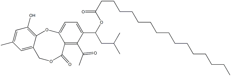 Hexadecanoic acid 1-(4-acetyl-11-hydroxy-9-methyl-5-oxo-5H,7H-dibenzo[b,g][1,5]dioxocin-3-yl)-3-methylbutyl ester Struktur