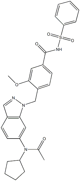 4-[6-(Cyclopentylacetylamino)-1H-indazol-1-ylmethyl]-3-methoxy-N-phenylsulfonylbenzamide Struktur