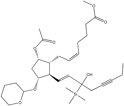 (5Z,8R,9S,11R,13E)-9-Acetyloxy-11-[(tetrahydro-2H-pyran)-2-yl]oxy-15-hydroxy-15-trimethylsilylprosta-5,13-dien-17-yn-1-oic acid methyl ester Struktur