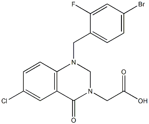 1-(4-Bromo-2-fluorobenzyl)-1,2,3,4-tetrahydro-6-chloro-4-oxoquinazoline-3-acetic acid Struktur