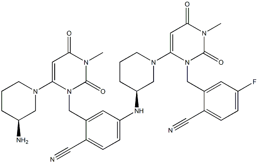 2-((6-((S)-3-Aminopiperidin-1-yl)-3-methyl-2,4-dioxo-3,4-dihydropyrimidin-1(2H)-yl)methyl)-4-(((S)-1-(3-(2-cyano-5-fluorobenzyl)-1-methyl-2,6-dioxo-1,2,3,6-tetrahydropyrimidin-4-yl)piperidin-3-yl)amino)benzonitrile Struktur