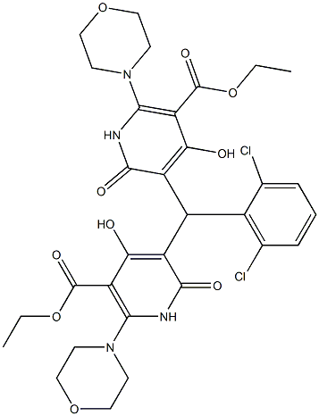 1-(bis(3-(ethoxycarbonyl)-4-hydroxy-2-morpholino-1,6-dihydro-6-oxopyridin-5-yl)methyl)-2,6-dichlorobenzene Struktur