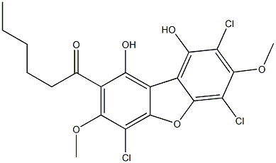 1,9-dihydroxy-3,7-dimethoxy-2-hexanoyl-4,6,8-trichlorodibenzofuran Struktur