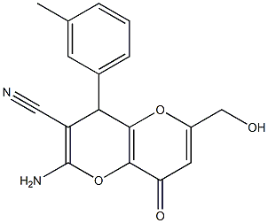 2-amino-6-(hydroxymethyl)-4-(3-methylphenyl)-8-oxo-4,8-dihydropyrano[3,2-b]pyran-3-carbonitrile Struktur