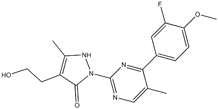 2-[4-(3-fluoro-4-methoxyphenyl)-5-methyl-2-pyrimidinyl]-4-(2-hydroxyethyl)-5-methyl-1,2-dihydro-3H-pyrazol-3-one Struktur