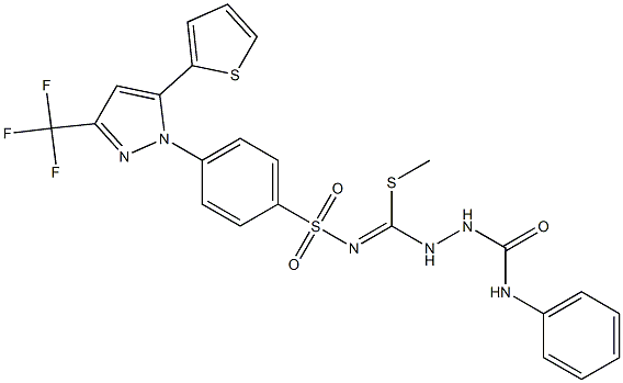 N1-phenyl-2-{(methylthio)[({4-[5-(2-thienyl)-3-(trifluoromethyl)-1H-pyrazol-1-yl]phenyl}sulfonyl)imino]methyl}hydrazine-1-carboxamide Struktur