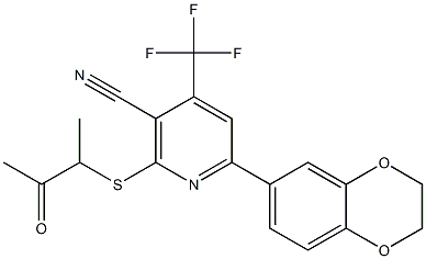 6-(2,3-dihydro-1,4-benzodioxin-6-yl)-2-[(1-methyl-2-oxopropyl)sulfanyl]-4-(trifluoromethyl)nicotinonitrile Struktur