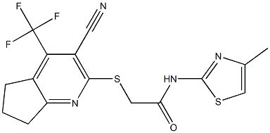 2-{[3-cyano-4-(trifluoromethyl)-6,7-dihydro-5H-cyclopenta[b]pyridin-2-yl]sulfanyl}-N-(4-methyl-1,3-thiazol-2-yl)acetamide Struktur