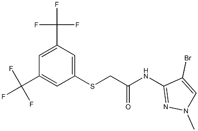 2-{[3,5-bis(trifluoromethyl)phenyl]thio}-N-(4-bromo-1-methyl-1H-pyrazol-3-yl)acetamide Struktur