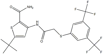 5-(tert-butyl)-3-[(2-{[3,5-di(trifluoromethyl)phenyl]thio}acetyl)amino]thiophene-2-carboxamide Struktur